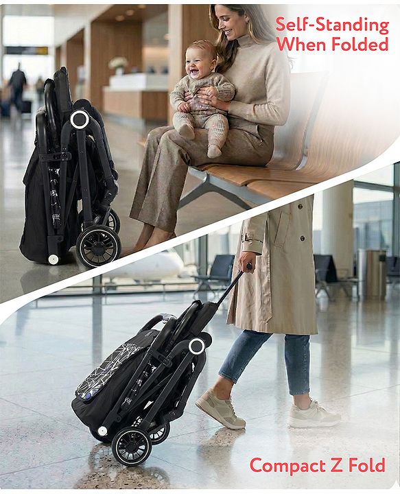 Babyhug Portable Baby Stroller with One-hand Z Compact Fold - Black| Pram for Newborn| Concealed Linked Brake| Swivel Wheels| 5 point Safety Harness| Air Cabin Friendly|