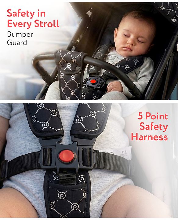 Babyhug Portable Baby Stroller with One-hand Z Compact Fold - Black| Pram for Newborn| Concealed Linked Brake| Swivel Wheels| 5 point Safety Harness| Air Cabin Friendly|