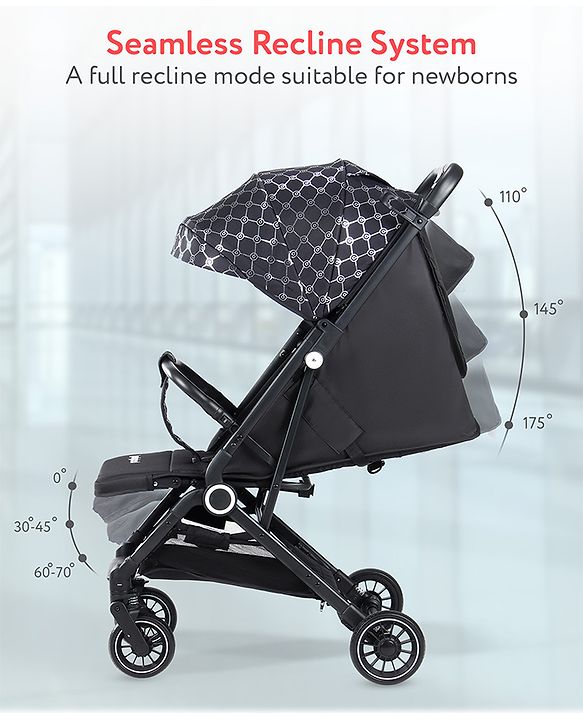 Babyhug Portable Baby Stroller with One-hand Z Compact Fold - Black| Pram for Newborn| Concealed Linked Brake| Swivel Wheels| 5 point Safety Harness| Air Cabin Friendly|