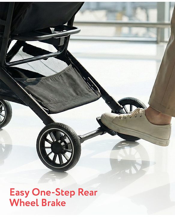 Babyhug Portable Baby Stroller with One-hand Z Compact Fold - Black| Pram for Newborn| Concealed Linked Brake| Swivel Wheels| 5 point Safety Harness| Air Cabin Friendly|