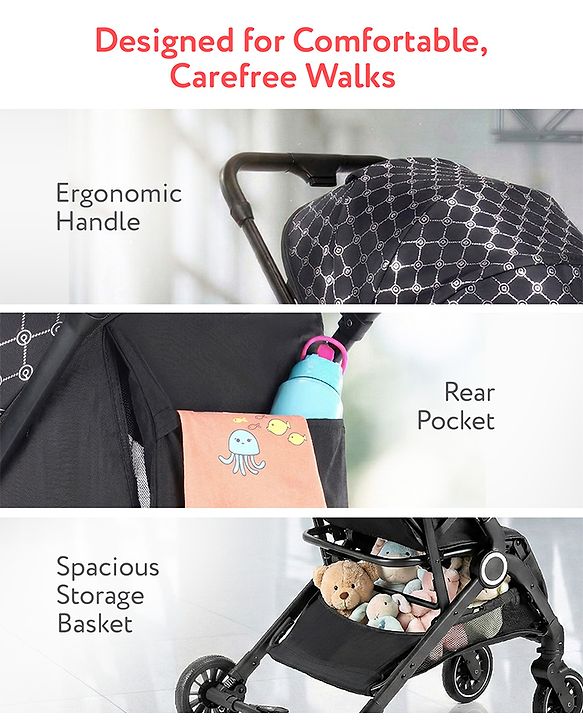 Babyhug Portable Baby Stroller with One-hand Z Compact Fold - Black| Pram for Newborn| Concealed Linked Brake| Swivel Wheels| 5 point Safety Harness| Air Cabin Friendly|