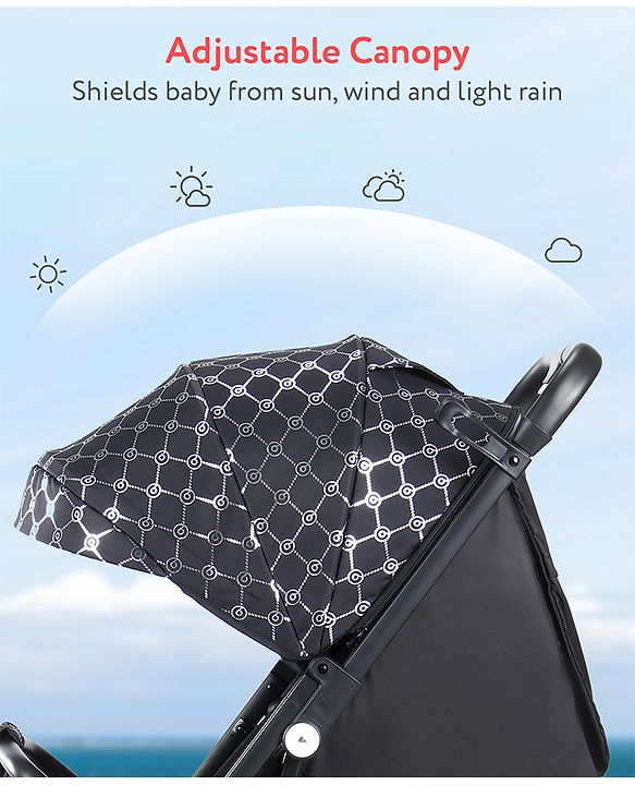 Babyhug Portable Baby Stroller with One-hand Z Compact Fold - Black| Pram for Newborn| Concealed Linked Brake| Swivel Wheels| 5 point Safety Harness| Air Cabin Friendly|