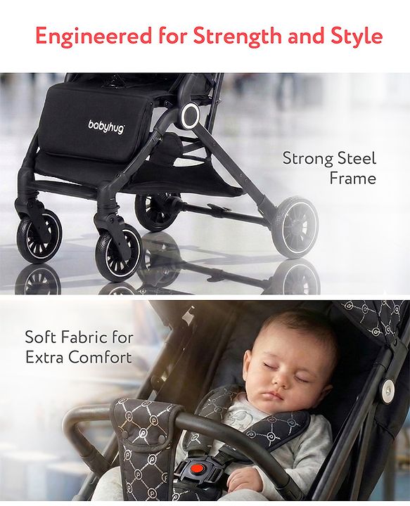 Babyhug Portable Baby Stroller with One-hand Z Compact Fold - Black| Pram for Newborn| Concealed Linked Brake| Swivel Wheels| 5 point Safety Harness| Air Cabin Friendly|