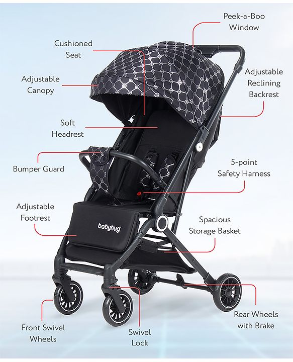 Babyhug Portable Baby Stroller with One-hand Z Compact Fold - Black| Pram for Newborn| Concealed Linked Brake| Swivel Wheels| 5 point Safety Harness| Air Cabin Friendly|