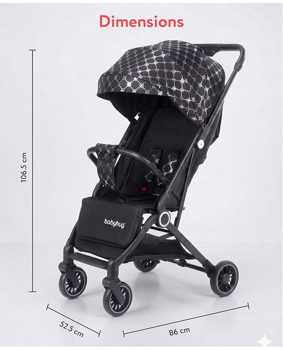 Babyhug Portable Baby Stroller with One-hand Z Compact Fold - Black| Pram for Newborn| Concealed Linked Brake| Swivel Wheels| 5 point Safety Harness| Air Cabin Friendly|