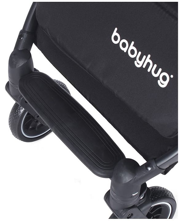 Babyhug Portable Baby Stroller with One-hand Z Compact Fold - Black| Pram for Newborn| Concealed Linked Brake| Swivel Wheels| 5 point Safety Harness| Air Cabin Friendly|
