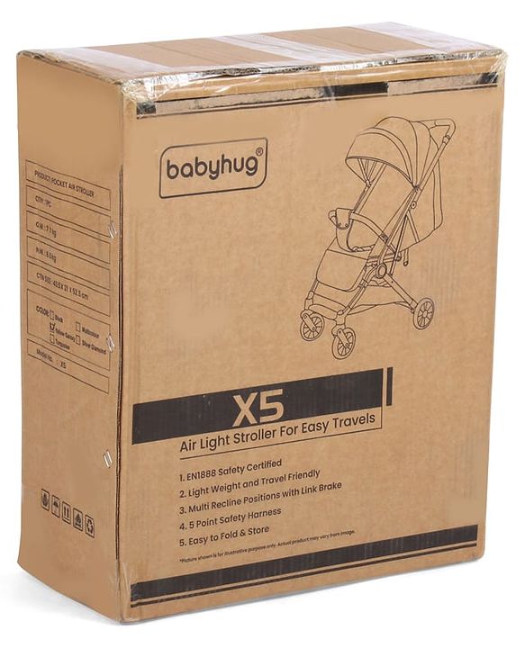 Babyhug Portable Baby Stroller with One-hand Z Compact Fold - Black| Pram for Newborn| Concealed Linked Brake| Swivel Wheels| 5 point Safety Harness| Air Cabin Friendly|