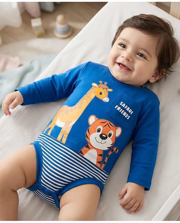 Babyhug 100% Cotton Interlock Knit Full Sleeves Onesies With Animal Print - Navy Blue