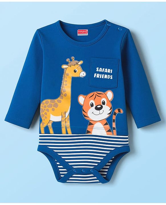 Babyhug 100% Cotton Interlock Knit Full Sleeves Onesies With Animal Print - Navy Blue