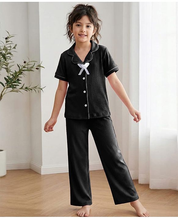 Pine Kids Drop Needle Knit Half Sleeves Solid Co-ord Night Suit With Bow Applique - Black