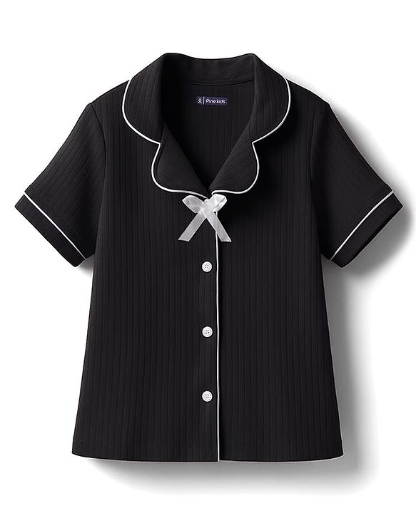 Pine Kids Drop Needle Knit Half Sleeves Solid Co-ord Night Suit With Bow Applique - Black