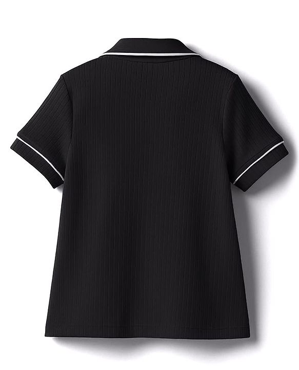 Pine Kids Drop Needle Knit Half Sleeves Solid Co-ord Night Suit With Bow Applique - Black
