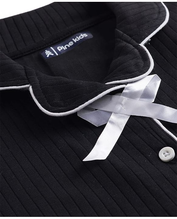 Pine Kids Drop Needle Knit Half Sleeves Solid Co-ord Night Suit With Bow Applique - Black