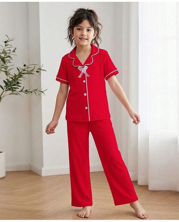 Pine Kids Drop Needle Knit Half Sleeves Solid Co-ord Night Suit With Bow Applique - Black
