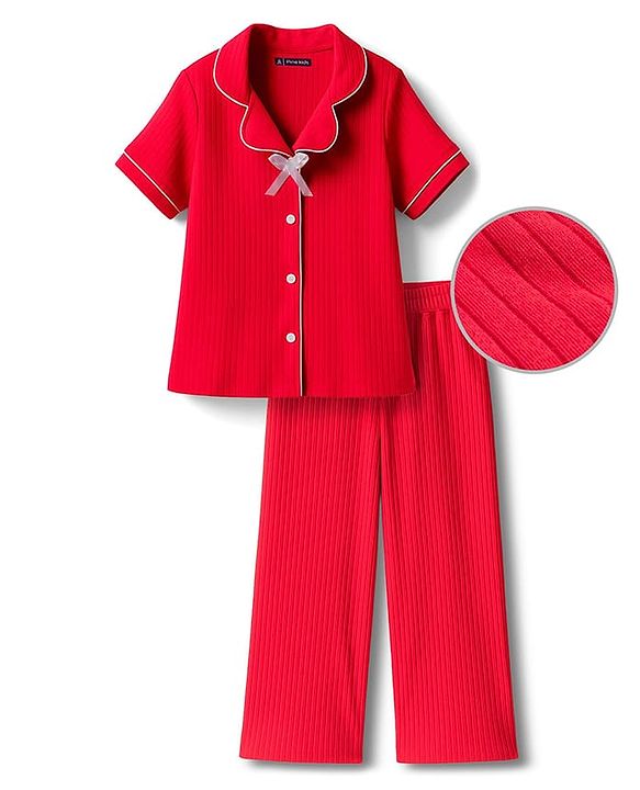 Pine Kids Drop Needle Knit Half Sleeves Solid Co-ord Night Suit With Bow Applique - Black