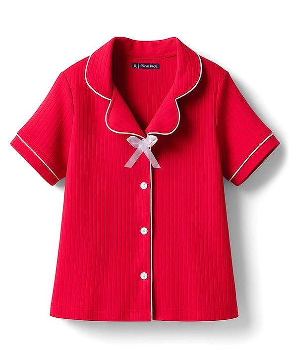 Pine Kids Drop Needle Knit Half Sleeves Solid Co-ord Night Suit With Bow Applique - Black
