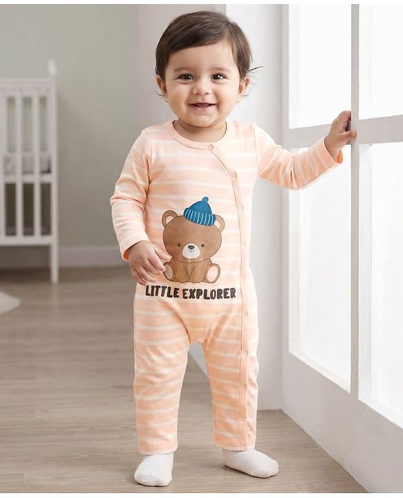 Babyhug 100% Cotton Interlock Knit Full Sleeves Romper With Animal Print - Brown