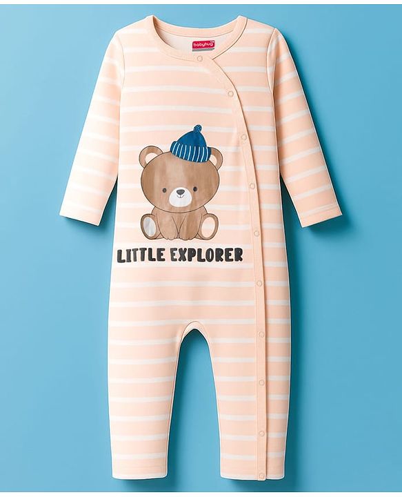 Babyhug 100% Cotton Interlock Knit Full Sleeves Romper With Animal Print - Brown