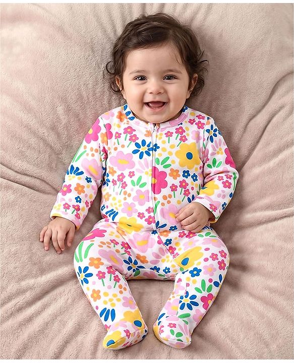Babyhug Cotton Knit Full Sleeves Footed Sleepsuit With Floral Print - White