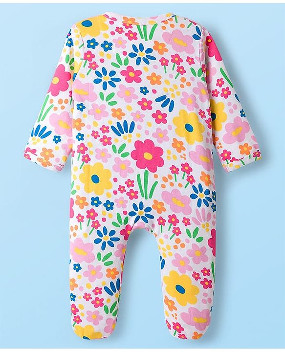 Babyhug Cotton Knit Full Sleeves Footed Sleepsuit With Floral Print - White