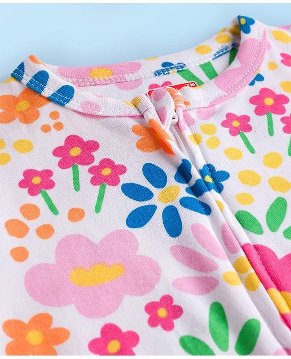 Babyhug Cotton Knit Full Sleeves Footed Sleepsuit With Floral Print - White