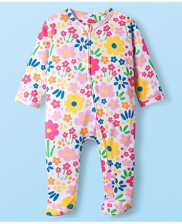 Babyhug Cotton Knit Full Sleeves Footed Sleepsuit With Floral Print - White