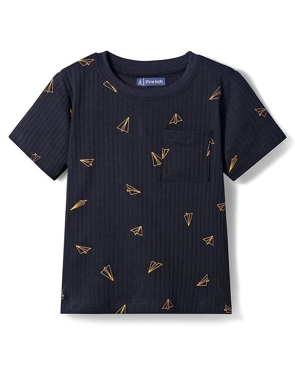 Pine Kids Drop Needle  Half Sleeves  Co-Ord Night Suit Set With Origami Plane Print - Black