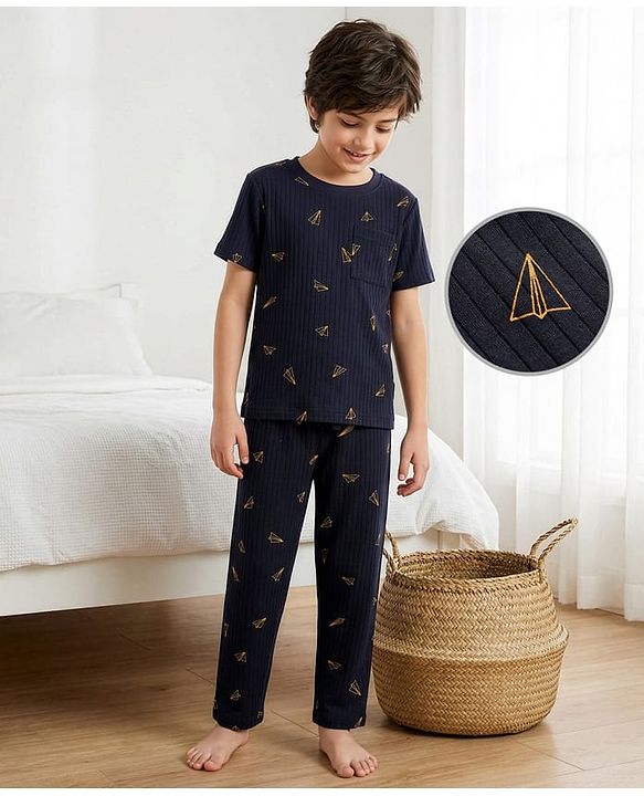 Pine Kids Drop Needle  Half Sleeves  Co-Ord Night Suit Set With Origami Plane Print - Black