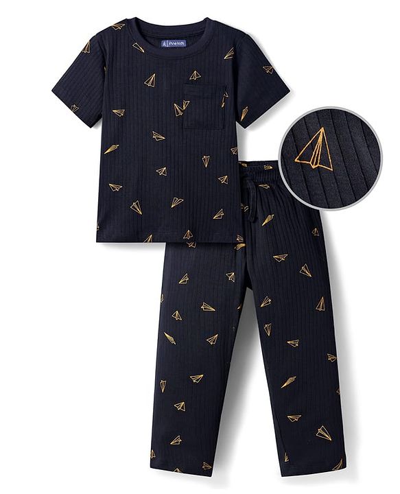 Pine Kids Drop Needle  Half Sleeves  Co-Ord Night Suit Set With Origami Plane Print - Black