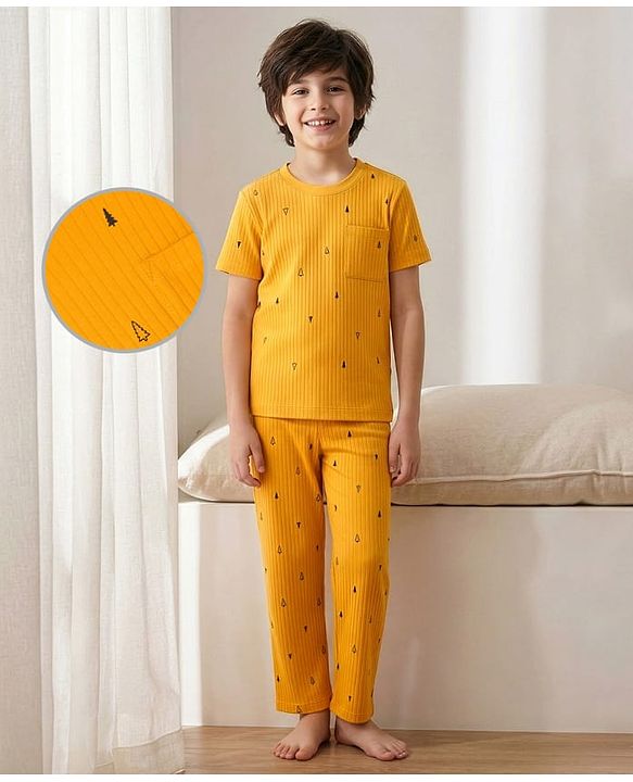 Pine Kids Drop Needle  Half Sleeves  Co-ords Night Suit With Tree Print - Yellow