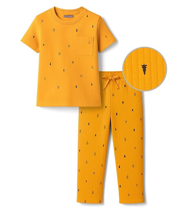 Pine Kids Drop Needle  Half Sleeves  Co-ords Night Suit With Tree Print - Yellow