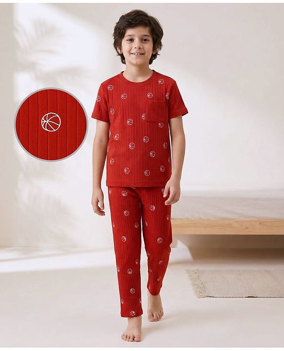 Pine Kids Drop Needle Half Sleeves  Co-ords Night Suits with Basketball Print - Red Orche