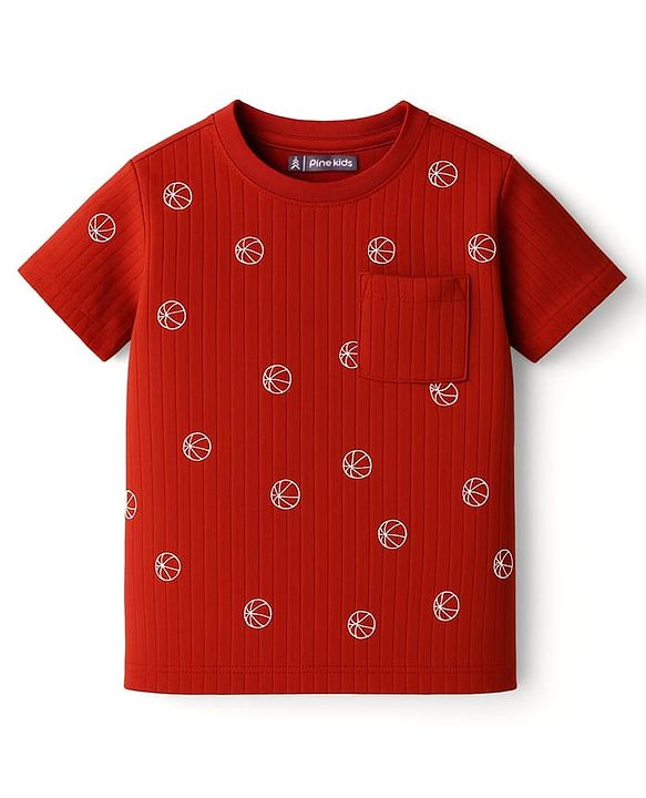 Pine Kids Drop Needle Half Sleeves  Co-ords Night Suits with Basketball Print - Red Orche