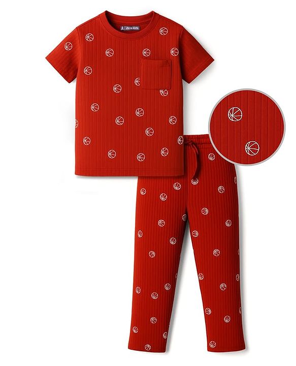 Pine Kids Drop Needle Half Sleeves  Co-ords Night Suits with Basketball Print - Red Orche