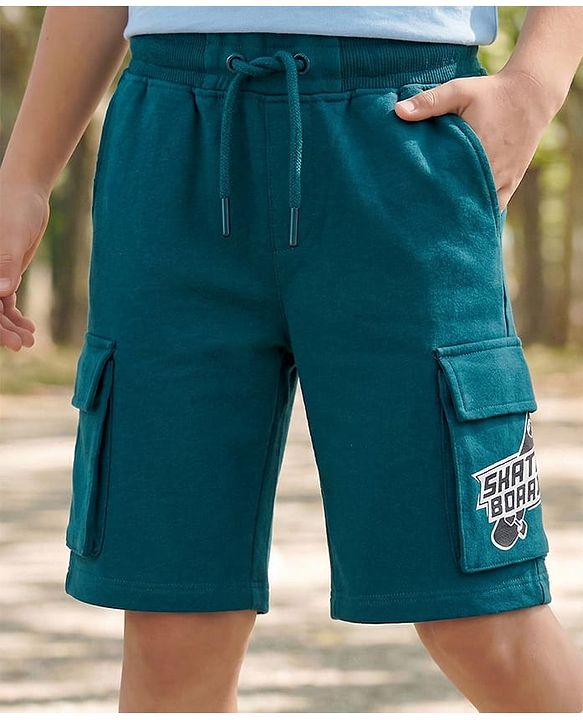 Pine Kids Looper Knit Above Knee Length Shorts With Pockets & Text Print - Teal Blue