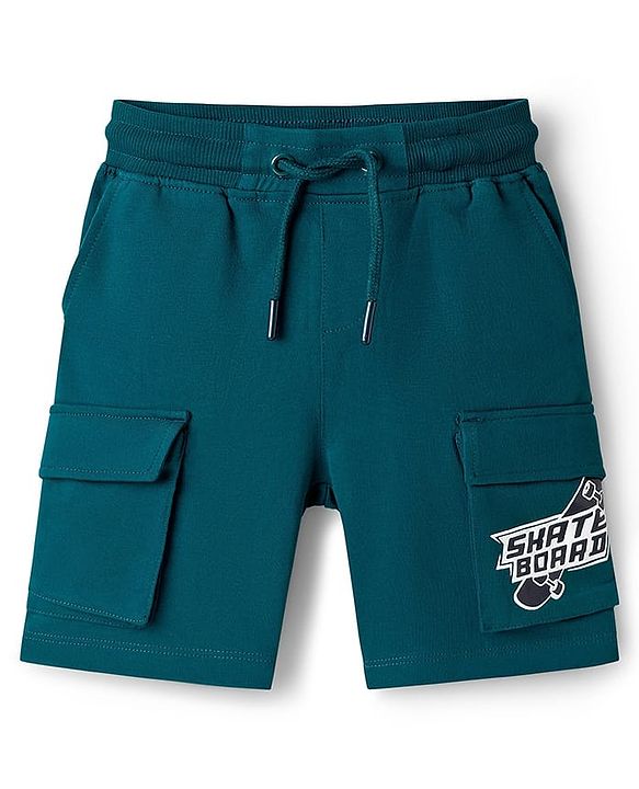 Pine Kids Looper Knit Above Knee Length Shorts With Pockets & Text Print - Teal Blue