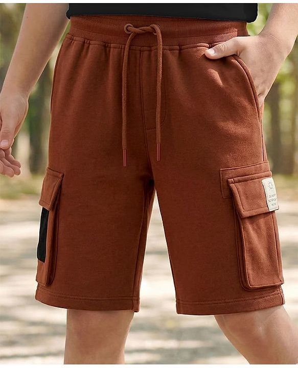 Pine Kids Looper Knit Above Knee Length Shorts With Text Badge - Brown