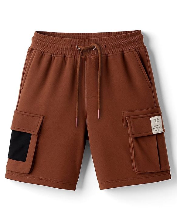 Pine Kids Looper Knit Above Knee Length Shorts With Text Badge - Brown