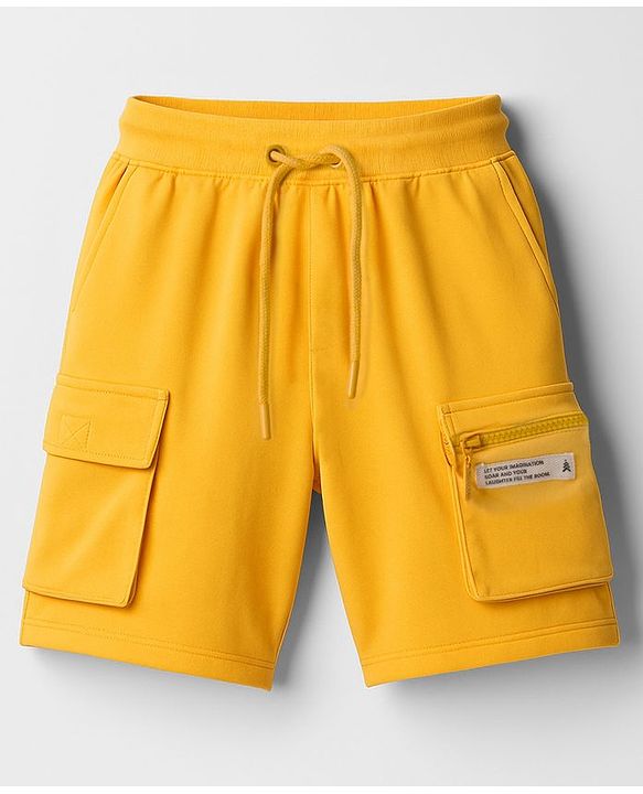 Pine Kids Looper Knit Above Knee Length Shorts With Text Badge - Yellow