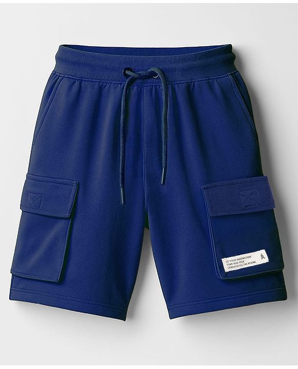 Pine Kids Looper Knit Above Knee Length Shorts With Text Badge - Navy Blue