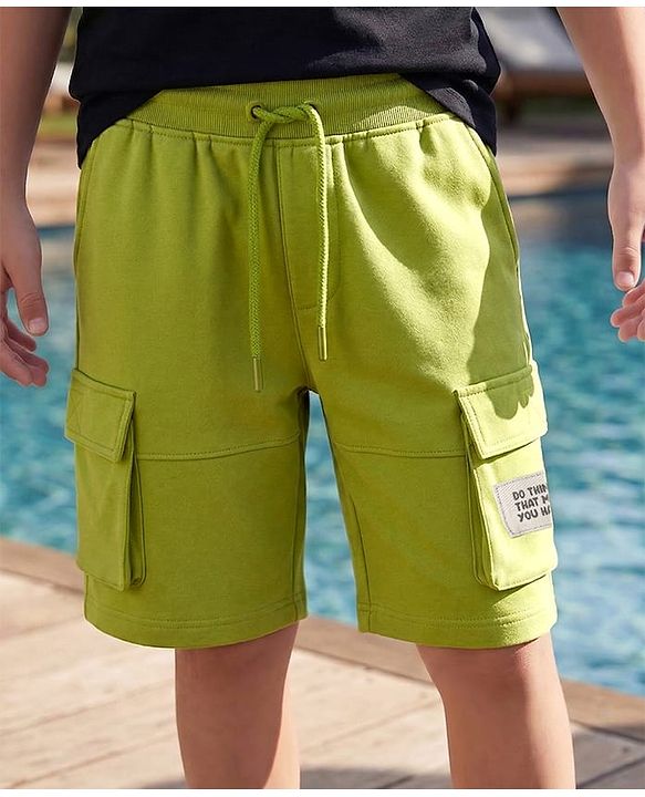 Pine Kids Looper Knit Above Knee Length Shorts With Text Badge - Olive Green
