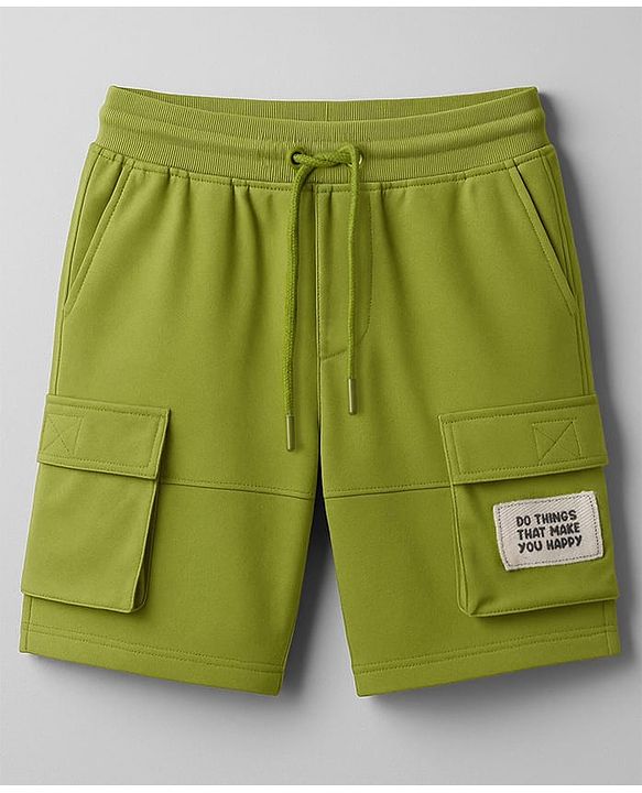 Pine Kids Looper Knit Above Knee Length Shorts With Text Badge - Olive Green