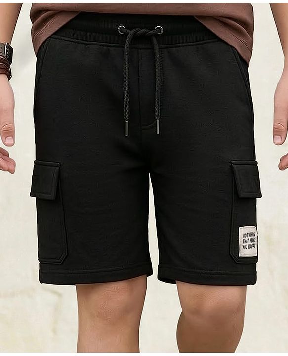 Pine Kids Looper Knit Above Knee Length Shorts With Text Badge - Black