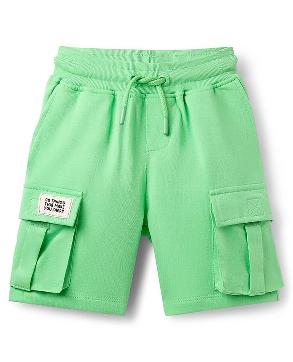 Pine Kids Looper Knit Above Knee Length Shorts With Pockets & Text Badge - Sea Green