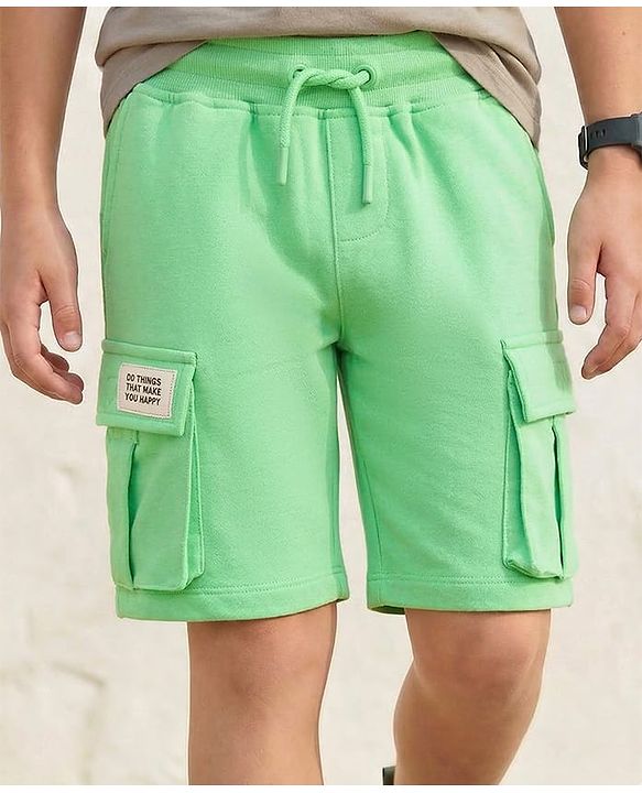 Pine Kids Looper Knit Above Knee Length Shorts With Pockets & Text Badge - Sea Green
