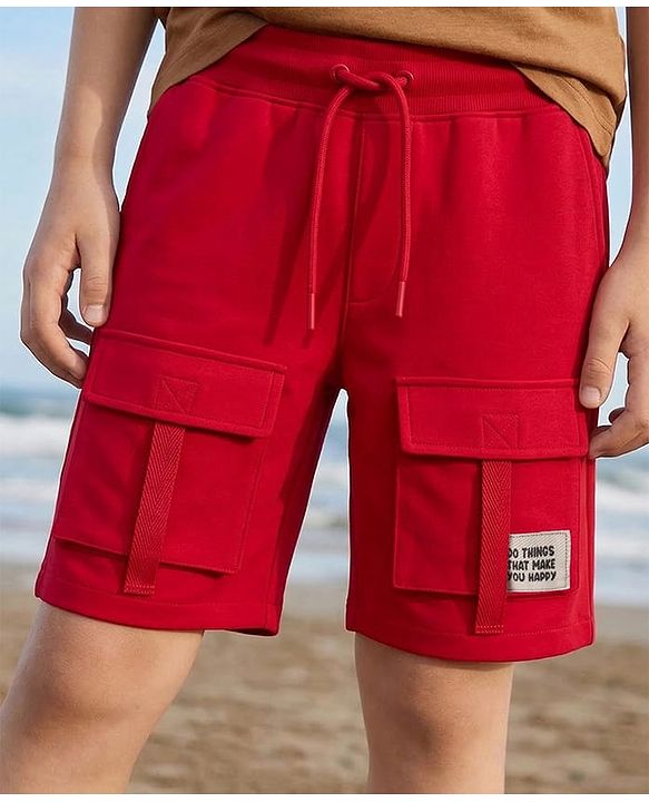 Pine Kids Looper Knit Above Knee Length Shorts With Text Badge - Light Red