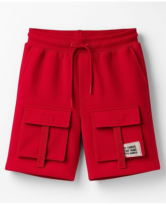 Pine Kids Looper Knit Above Knee Length Shorts With Text Badge - Light Red