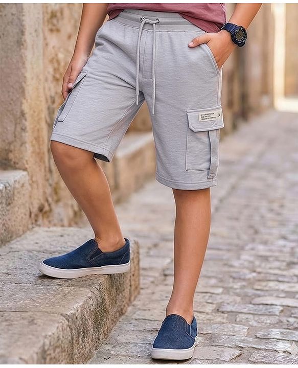 Pine Kids Looper Knit Above Knee Length Shorts With Text Badge - Grey