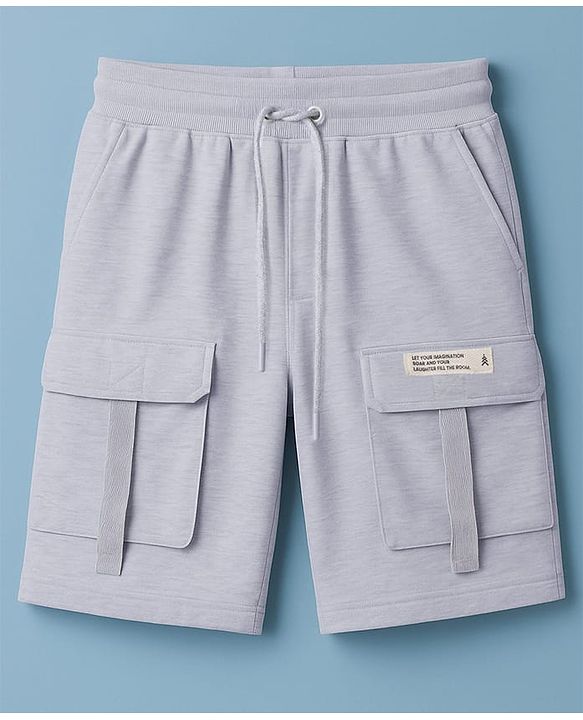 Pine Kids Looper Knit Above Knee Length Shorts With Text Badge - Grey