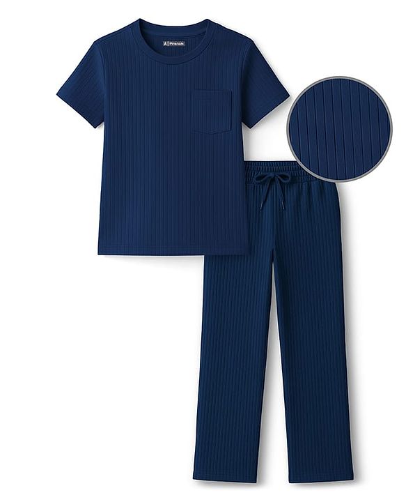 Pine Kids Drop Needle  Half Sleeves Solid Colour Co-ords Night Suit - Navy Blue